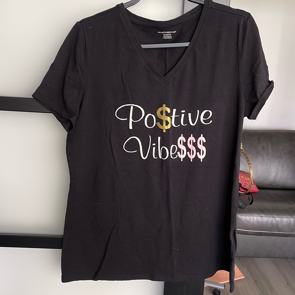 Postive Vibes Po$itive VibeSSS V Neck Tee Shirt Black Gold Pink NWOT